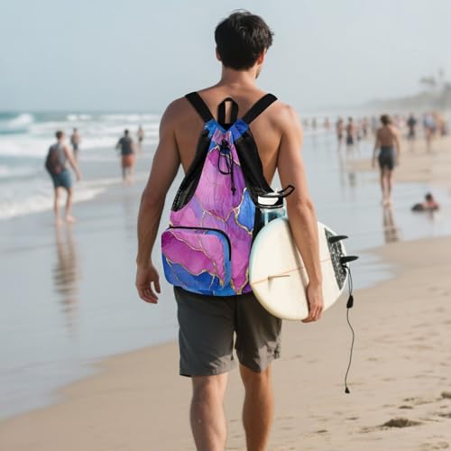 Mens Drawstring Bags Camp Bag With Water Bottle Pocket Cinch Sack Waterproof Marble Royal Blue Hot Pink - color: Color 10