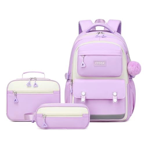 CYOQX 3PCS School Backpack for Girls with Lunch Box Teen Girl Backpack Set Elementary Middle High School Bag Cute Bookbags (Purple 3pcs) - color: Purple 3pcs
