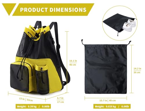 Lohol Large Mesh Drawstring Backpack with Shoe Bag, Durable Swimming String Sack with Handle for Sports Gym Yoga Beach Travel - color: Yellow