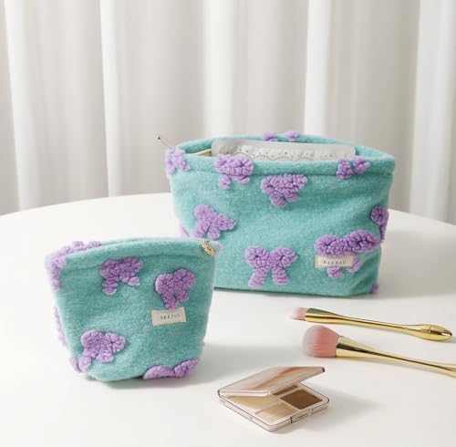 getgto 2 Pcs Makeup Bags, Large Cosmetic Bag Travel Toiletry Bag Organizer for Women, Plush Makeup Bag Small Cosmetic Pouch Purse with Zipper Gifts for Girls Teen - color: Girly green