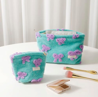 getgto 2 Pcs Makeup Bags, Large Cosmetic Bag Travel Toiletry Bag Organizer for Women, Plush Makeup Bag Small Cosmetic Pouch Purse with Zipper Gifts for Girls Teen - color: Girly green