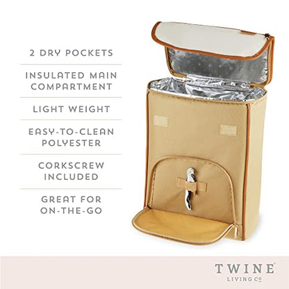 Twine Insulated Cooler Backpack, Wine Tote, Insulated Liner, Shoulder Straps, 2 Front Pockets, Includes Corkscrew, Beige, Set of 1 - style: Wine Cooler Backpack