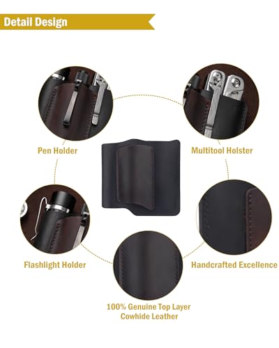 VIPERAED PJ38 Leather Multitool Sheath for Men, 4-in-1 Utility Leather Holster, EDC Pocket Organizer for Pocket Knife Multitool Flashlight and Pen - size: Large