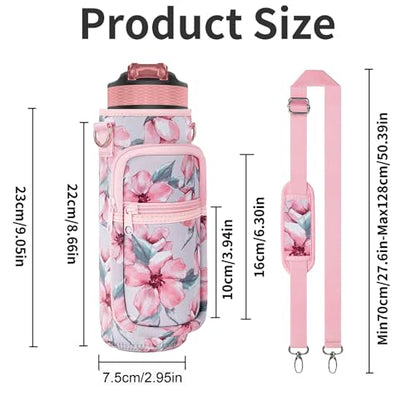 Water Bottle Holder with Strap, Insulated Crossbody Sling Bag, Carrier with Phone Pocket for Walking Hiking Camping Fishing - color: Flower Pink 05, size: 32oz Long