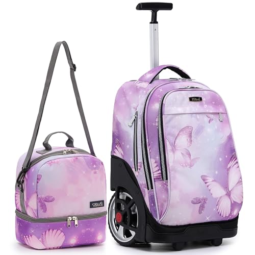 NEW TILAMI 19 Inch Rolling Backpack with Lunch Bag for Girls Boys Wheeled Laptop Backpack Durable Carry-on Bag School Travel, Evening Butterfly - color: Purple Evening Butterfly