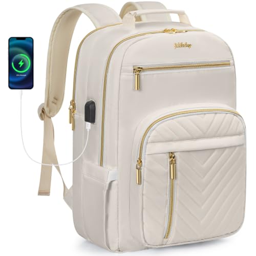 Laptop Backpack for Women, 15.6 Inch Laptop Computer Bag with USB Port, Work Business Backpack Purse for Ladies, Water-resistant Travel Backpack College Nurse Teacher Backpack, Beige - color: Beige, size: 15.6in