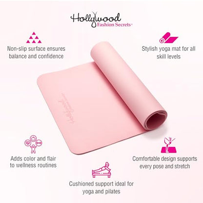 Hollywood Fashion Secrets Pink Yoga Mat Non Slip – Lightweight, Cushioned Exercise Mat for Home, Gym, Pilates, and Workout