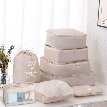 8 Set Packing Cubes for Suitcases, INVODA Travel Luggage Packing Organizers with Laundry Bag, Compression Storage Shoe Bag, Clothing Underwear Bag (Beige) - color: Beige