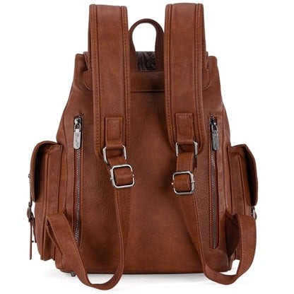 Montana West Wrangler Backpack Purse for Women Men Western Backpack Floral Tooled Travel Bags - color: Carve Brown