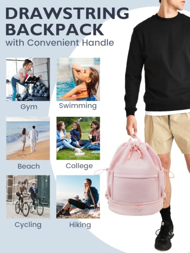 RHDZO Drawstring Gym Backpack with Shoe Compartment and Wet Pocket, Pink - color: Pink