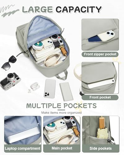 SEAFEW Small Green School Backpack Women, Unisex Lightweight Backpack School Bag Water-resistant Casual Rucksack fits 14 inch Laptop for Boys Girls Men and Women Bookbag College Daypack for Teenage - color: Green