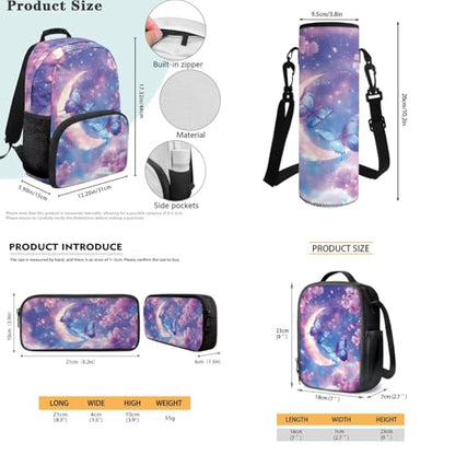 JEOCODY Kids School Bag Butterfly Backpack for Girls Boys Bookbag with Lunch Box Pencil Case Water Bottle Holder Set of 4 Daypack for Travel Picnic Hiking Back to School Accessories - color: Butterfly With Moon Printed