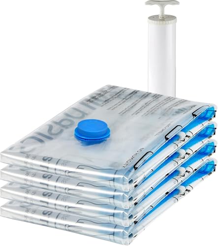 Amazon Basics Vacuum Storage Bags for Blankets, Vacuum Compression Space Saving Storage Bags with Hand Pump for Clothes Packing, X-Jumbo, 4-Pack - size: X-Jumbo