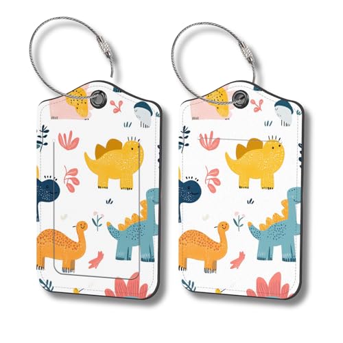 Luggage Tags for Suitcases, 2-Pack PU Leather for Cruise & Travel, Baggage ID Tags with Privacy Cover & Address Card, Durable Metal Ring, Kids Adults Travel Accessories, Playful Dinos - color: Playful Dinos