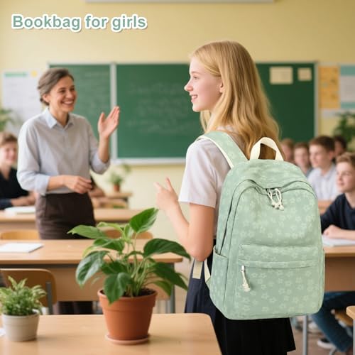LEDAOU School Backpack for Teen Girls Elementary Middle School Bookbag Kids Backpacks Women Laptop Backpack Travel Daypack - color: Little Flower Green