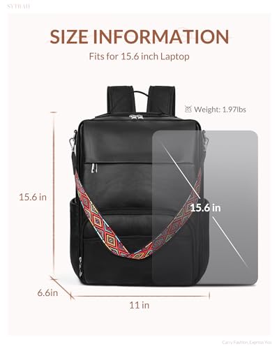 SYTRAH Leather Laptop Backpack, 15.6 Inch Business Computer Bag, Designer College Backpack Travel Backpack with Colorful Shoulder Bag Strap Black - color: Purse Black