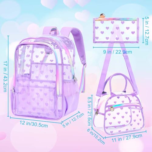 gxtvo 3PCS Clear Bookbag Heavy-Duty Set for Women & Teen Girls, 17" Purple Transparent Backpack with Rainbow Strap, Cute Love See Through School Bag - color: Purple Love Accents Clear Backpack Set