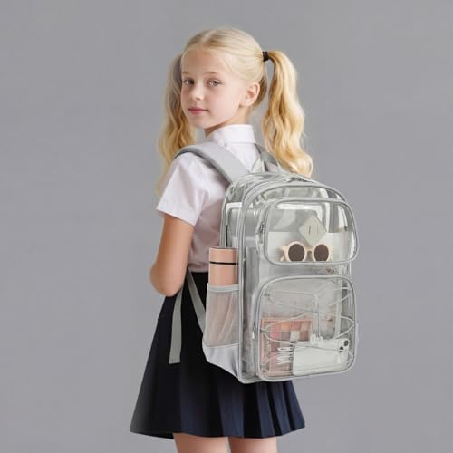 Clear Backpacks for Girls Women, Heavy Duty PVC Transparent Back Pack See Through Boys Kids Clear Bookbags for School Grey - color: Grey