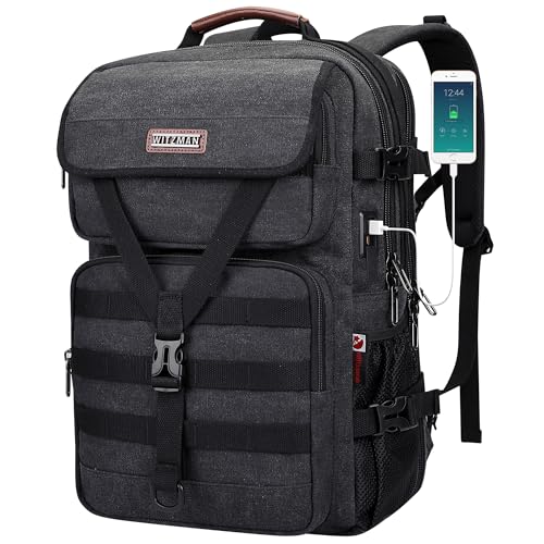 WITZMAN Travel Backpack for Men Large Canvas Laptop Backpack Fit 16 inch Carry on TSA Friendly Flight Approved Vintage Rucksack for Traveling(A8012 Black) - color: Black