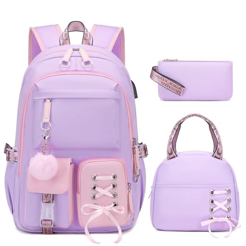 ACESAK Backpacks for Girls, Girls Backpack with Lunch Box and Pencil Case for Teen Kids Elementary Middle High School College Student, Children Backpack Bookbag with USB Charging Port (Pink Purple) - color: Purple & Pink