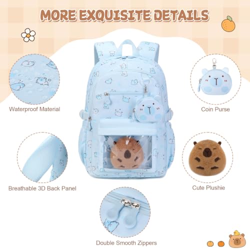 Capybara Theme Backpack for School Girls, 35PCS Kids Backpack Set with School Supplies Stationery Kit Lunch Box Pencil Case, Cute Girls Bookbag for Kindergarten Elementary Student - color: Blue