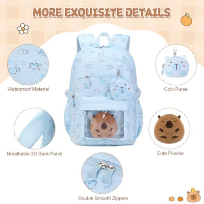 Capybara Theme Backpack for School Girls, 35PCS Kids Backpack Set with School Supplies Stationery Kit Lunch Box Pencil Case, Cute Girls Bookbag for Kindergarten Elementary Student - color: Blue