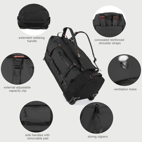 29" 86L Foldable Wheeled Duffle Bag, Waterproof Travel Rolling Backpack with Quilted Bottom, Black - color: Black