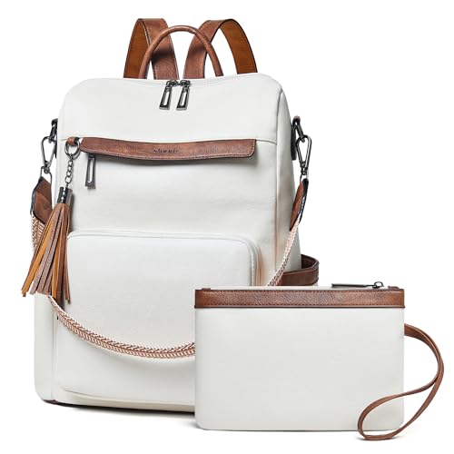 Shrrie Vegan Leather Laptop Backpack for Women 15.6 inch Work Backpack Fashion Travel Backpack Purse for Travel College Work - color: 2 Beige With Brown