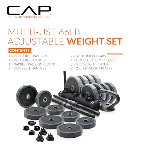 CAP Barbell Multi-Use Adjustable Weight Set - Versatile Dumbbell, Barbell & Kettlebell for Full-Body Workouts | 45lb and 66lb options - size: 66 lb Set