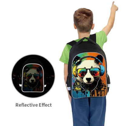 ZRENTAO 3 Pcs Kids Backpack, 3D Reflective Cartoon, 600D Polyester & Dual Zippers, 17" Bookbag with Ergonomic Design for boys & girls age 6-18, Panda Space Style for school Children Kids - color: 06#pandaset