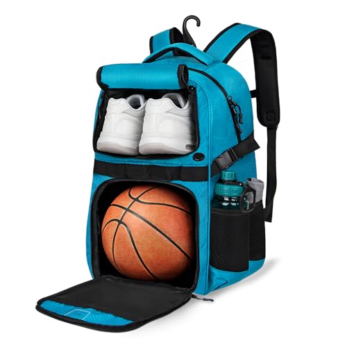 Basketball Backpack with Separate Ball & Ventilated Shoe Compartment, Sports Bag with Hook for Men Women Teens Training Travel - color: Blue
