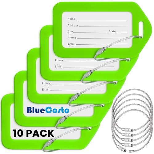 BlueCosto - Luggage Tags - Green, 10 Pack - Suitcase Tags with Name ID Card & Heavy-Duty Metal Wire Loops - Bright Colored PVC Identifiers for Travel Baggage - Backpack Name Labels - color: Green, size: 10
