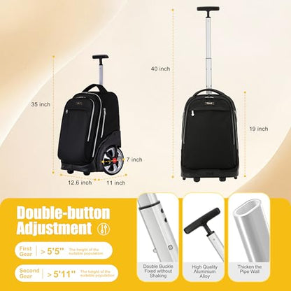 NEW TILAMI 19 Inch Rolling Backpack with Lunch Bag for Girls Boys Wheeled Laptop Backpack Durable Carry-on Bag School Travel, Pure Black - color: Pure Black