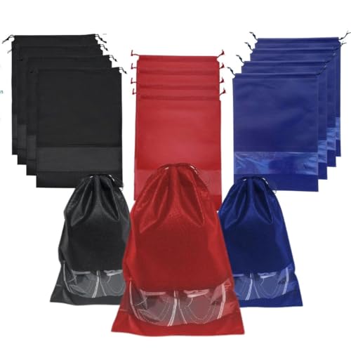 12 PCs Shoe Bags for Travel, Packing, Storage, Organizing & Suitcase. Reusable Dustproof & Water Resistant Sneakers Pouch Protectors with Clear Window & Drawstring. Laundry & Toys (Red + Blue + Black) - color: Blue, Red, Black