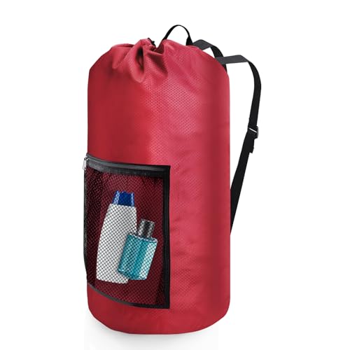 Olosar Laundry Bag Backpack, Extra Large Travel Laundry Bag with Mesh Pocket & Adjustable Shoulder Straps,Dirty Clothes Travel Bag for College Students Dorm,Apartment（Red） - color: Red, size: 1Pack