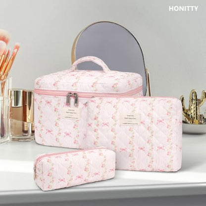 honitty Makeup Bag,Quilted Cosmetic Bags,Large Floral Make Up Organize bag,Makeup Bag Set for Women,Flower Travel Toiletry Bag - color: Striped Bow Tie