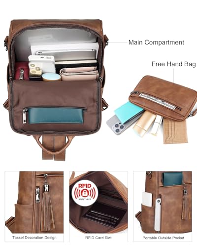 FADEON Womens Backpack Purse Large Designer PU Leather Laptop Backpacks, Ladies Computer Shoulder Bags (3 Brown Retro Style, Medium (14-in Height)) - color: 3 Brown Retro Style, size: Medium (14-in Height)