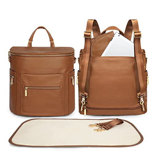miss fong Diaper Bag Backpack Baby Diaper Bag, Large Leather Diaper Bag Backpack with Changing Pad,Pañaleras Para Bebe for Moms, Stroller Straps, and 2 Insulated Pockets(Convertible, Brown) - color: Brown