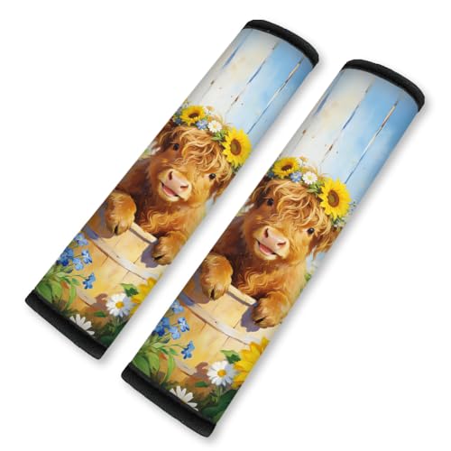 2Pcs Soft Auto Seat Belt Cover Pads, Sunflower Highland Cow Car Seatbelt Shoulder Cushion for Comfortable Driving, Compatible with All Cars' Seatbelt and Backpack Straps 11x2.4inch - color: Highland Cow