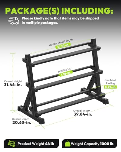 HANDBODE 3-Tier Dumbbell Rack Stand, 1000LB Capacity Storage Rack, Weight Rack for Dumbbells, Kettlebell, 390–700 lb Rubber Coated Fixed Weight Sets, Home Gym Strength Training Equipment - color: 400 lb Set (5-40 lb) *2 & Rack