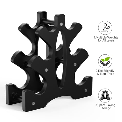 Portzon Weights Dumbbells Set 3, 5, 8, and 10 Pound Neoprene Dumbbell Free Hand Weight Set with Rack, Ideal for Home Exercises, 32 LB, Anti-Slip, Anti-roll, Hex Shape - color: Dark Green+Dark Blue+Black