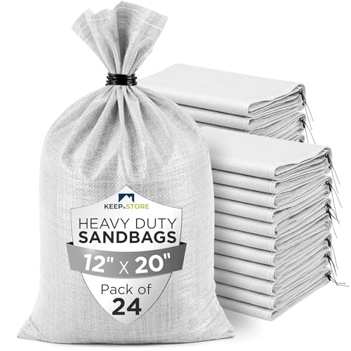 Heavy Duty Sand Bags Pack of 24, White Empty Sandbags with Built-In Ties, Woven Polypropylene UV Protection 1600 Hours, Fillable Bags for Flood Control, Weight, 12x20 inches, 25 Pounds Volume - size: 12"W x 20"L, style: Pack of 24