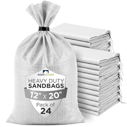 Heavy Duty Sand Bags Pack of 24, White Empty Sandbags with Built-In Ties, Woven Polypropylene UV Protection 1600 Hours, Fillable Bags for Flood Control, Weight, 12x20 inches, 25 Pounds Volume - size: 12"W x 20"L, style: Pack of 24