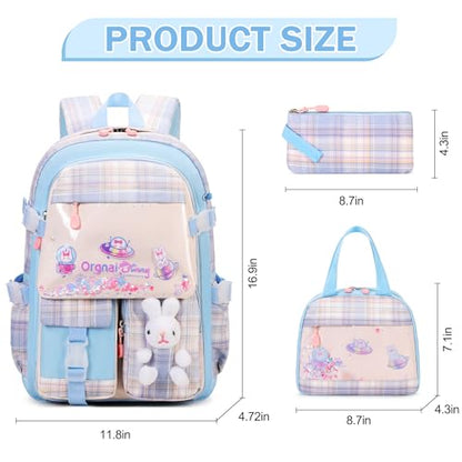 FIXITOK Girls Backpack Set, 3PCS Kids Backpack for Girls, Kawaii Bunny School Backpacks for Girl Kindergarten Elementary Preschool Middle School Bags with Lunch Box Pencil Case Blue-Plaid - color: Blue-plaid