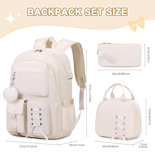 Scothen Backpacks for Girls, Girls Backpack with Lunch Box & Pencil Pouch for Teens Girl Kids Elementary Middle High School College Student Bookbag Daypack Laptop Travel Backpack for Women - color: Beige