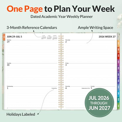 SUNEE Academic Planner 2026-2027 – Weekly & Monthly Planner, July 2026 to June 2027, 8.5"x11", Thick Paper, Tabs, Pockets, Bookmark, Spiral-Bound, Student Teacher Organizer, Green Wildflowers - color: Flowers