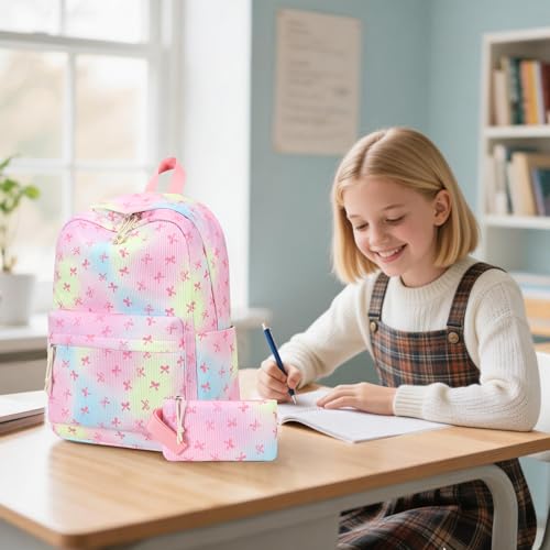 LEDAOU Backpack for Girls School Bag Kids Bookbag Teen Backpack Set Daypack with Lunch Bag and Pencil Case | Kids - color: Bow Rainbow