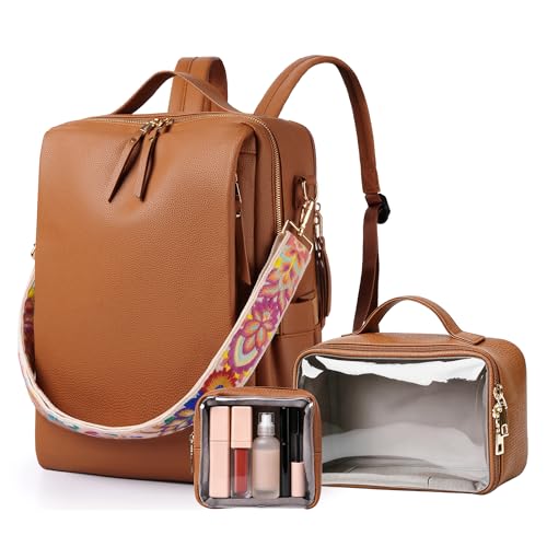 Dora & Liz Laptop Backpack for Women, Leather Travel Backpack with 15.6 Inch Laptop Compartment, College Work Computer Bag (Pebbled Brown-3P) - color: Pebbled Brown-3p