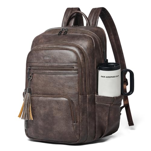 Shrrie 17 Inch Faux Leather Laptop Backpack for Women with Large Cup Holder - color: Chocolate