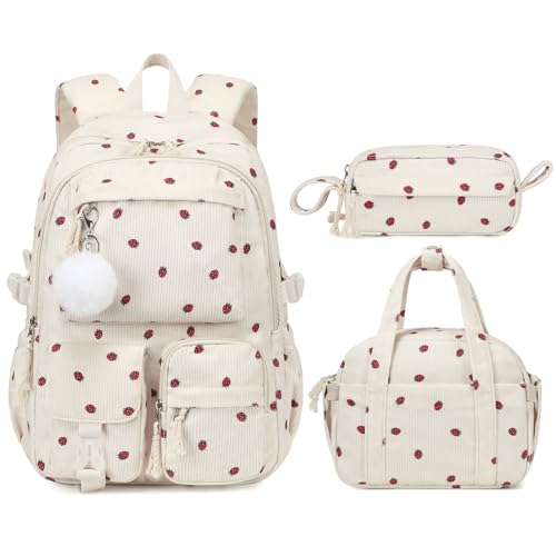 Backpack for Girls, 3PCS Corduroy Girls Schoolbag Set with Lunch Bag & Pencil Pouch, Lightweight Teen Girl Backpacks for Elementary Middle High School Bookbag Laptop Bag Travel Daypack - color: Khaki Strawberry